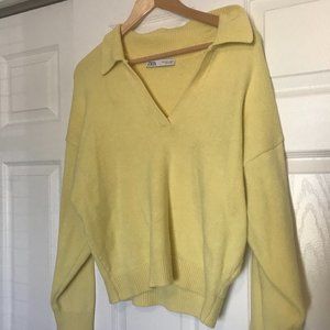 Zara Yellow V Neck Knit Oversized Sweater